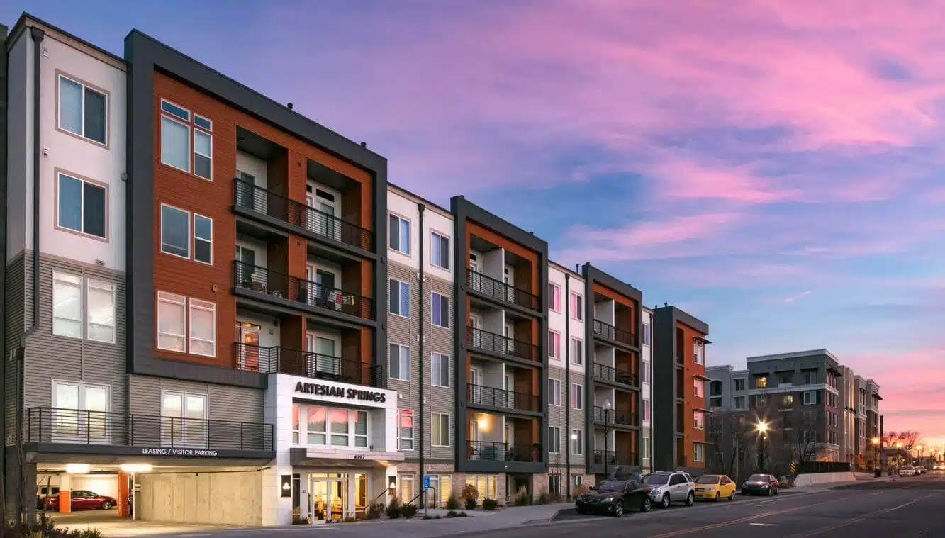 Artesian Springs Apartment complex at sunset - apartment architecture designed by Think