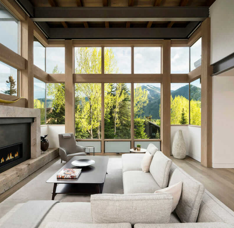 Modern contemporary greatroom with beige couch & gray chair in front of black fireplace & expansive windows