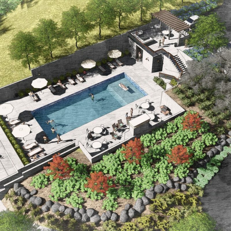 Architecture design rendering of outdoor pool with patio, seating area, and hot tub surrounded by. greenery, trees, and rocks