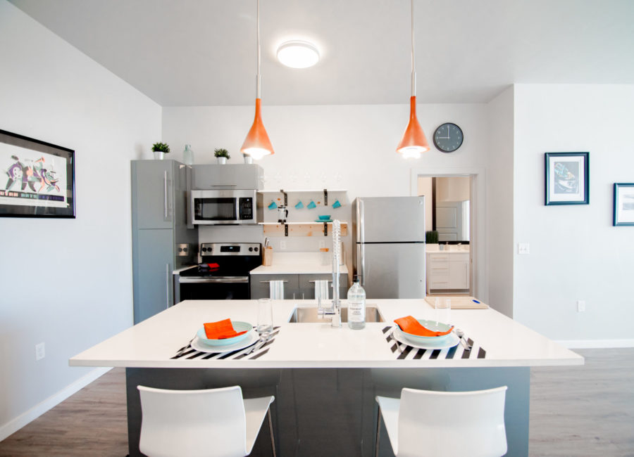 Modern kitchens C9 Flats apartment building | multifamily residential architectural design for commercial property developers in Salt Lake City, UT | Think Architecture