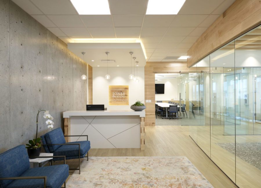 reception area at Jones Waldo office in Lehi, UT | Utah interior design project | Think Architecture