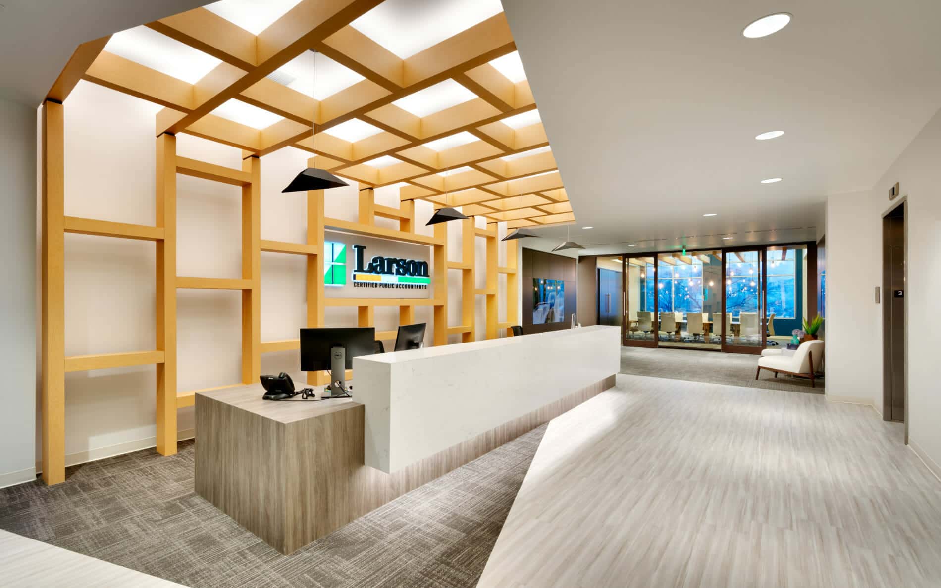Reception area at Larson & Company Office in South Jordan, UT | Utah Interior design project | Think Architecture