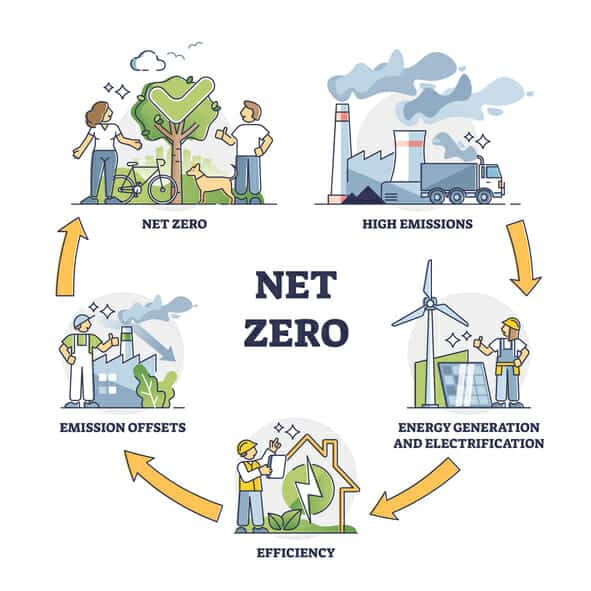 Net zero and CO2 carbon emissions neutrality target actions outline diagram. Educational example with steps to protect atmosphere from pollution or maintain sustainable environment vector illustration