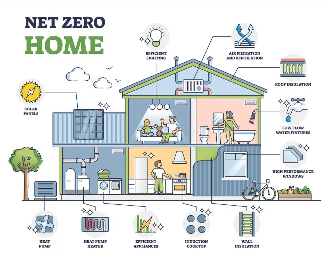 Net zero home, sustainable and resources efficient residential house outline diagram. Labeled educational property with factors for effective and environment friendly real estate vector illustration.