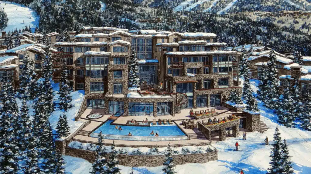 Luxury ski resort in Utah with stone and wood architectural design, large glass windows, heated outdoor pool, and mountain views.