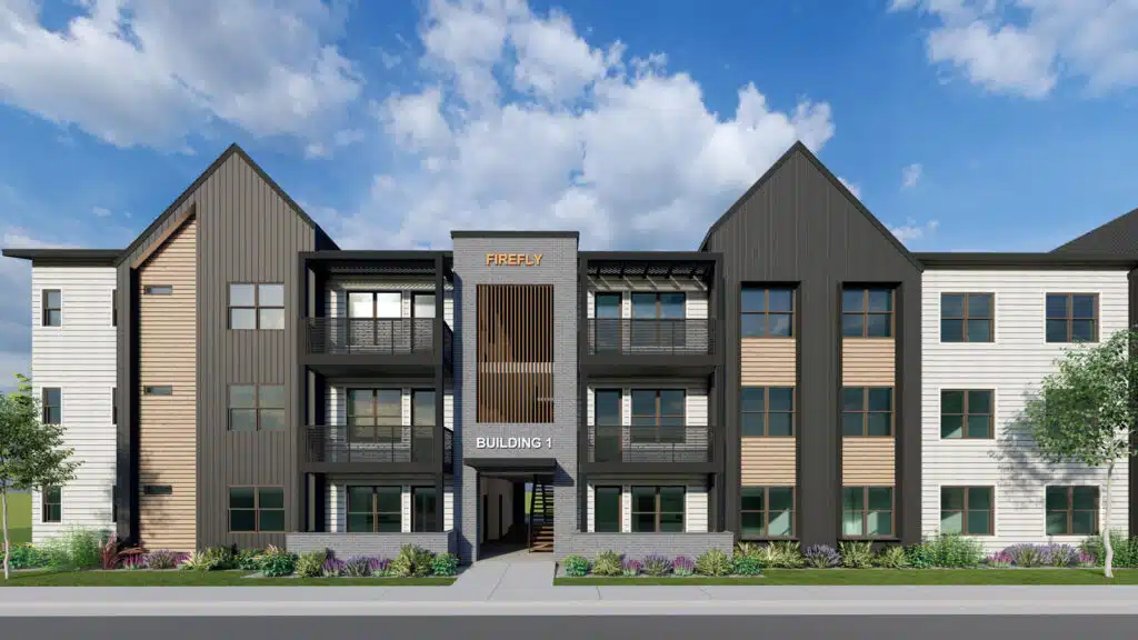 Front elevation rendering of Firefly Building 1, a three-story multifamily building with dark gabled rooflines, balconies, and a central entry tower.